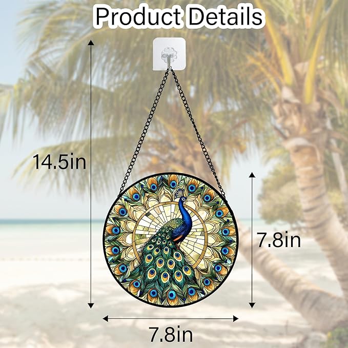 Stained Glass Window Hanging - Retro Peacock Decoration Suncatcher for Door Garden Home Bird Feather Sun Catchers Christmas Mother's Day Birthday Gifts for Women Men Mom Nana Friend 7.8 in