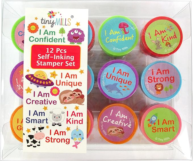 TINYMILLS 12 Pcs Positive Affirmation Stamp Kit for Kids - Positive Mindfulness Self Inking Stamps Gift Party Favors