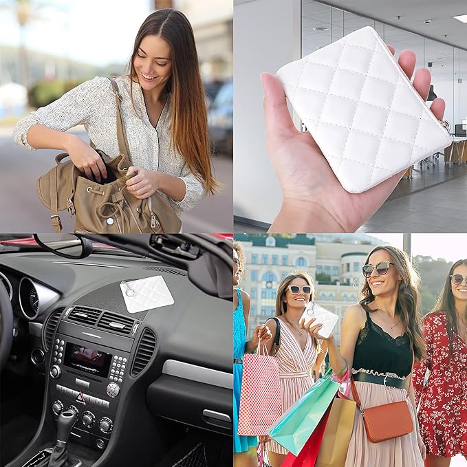 Real Leather Coin Purse with Rhombus Embroidery Zipper Keychain Mini Wallet for Women & Men (White)
