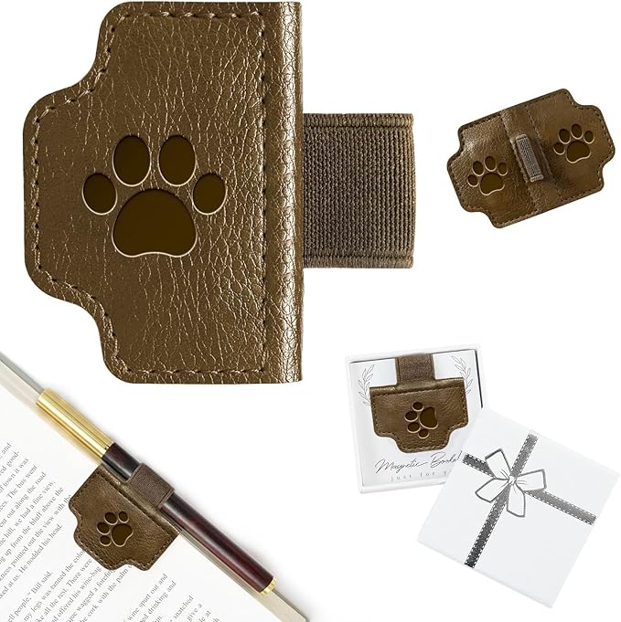 BygoneMark Magnetic Leather Bookmark with Pen Holder, Personalized Custom Initial Page Marker & Pen Clip, Professional Book Accessory for Students (Dark Brown-Cat)