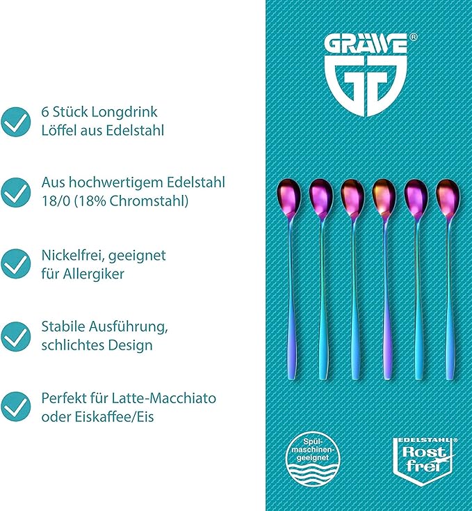 GRÄWE Long Handle Iced Tea Spoon, Coffee Spoon, Ice Cream Spoon, Spoons for desserts, Stainless Steel, Cocktail Stirring Spoons, Set of 6, Dishwasher Safe, Rainbow