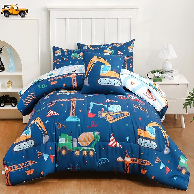 6 Pcs Bed in A Bag Twin Comforter Set for Boys,Construction Excavator Comforter,Truck Bedding Sets with Sheets for Kids