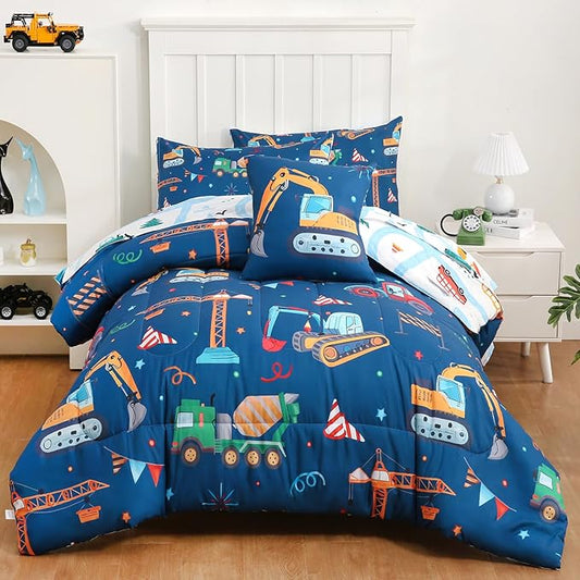 6 Pcs Bed in A Bag Twin Comforter Set for Boys,Construction Excavator Comforter,Truck Bedding Sets with Sheets for Kids