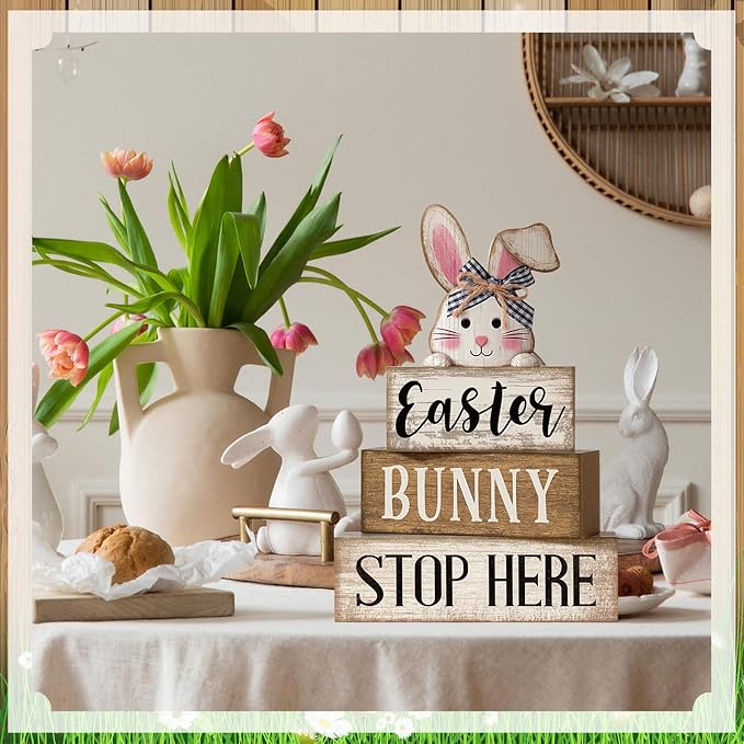 4 Pcs Easter Table Decoration Wooden Rabbit Easter Tiered Tray Decor Cute Bunny Centerpiece Rustic Wooden Bunny Block Sign Farmhouse Holy Week Party Decoration for Home Kitchen Shelf