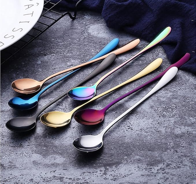 Long-handled ice tea spoon, cocktail stir spoons, stainless steel coffee spoons, ice cream scoop Set of 8 (Silver, Round)
