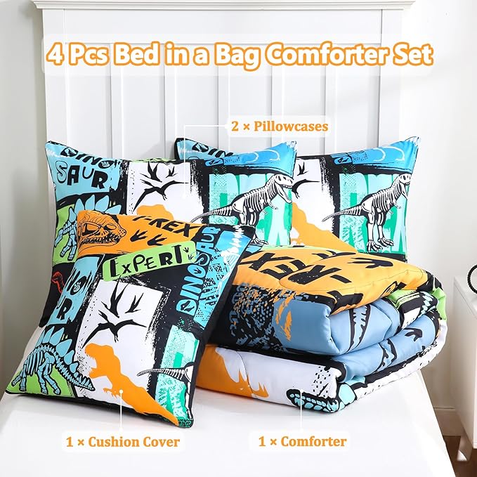 4 Pcs Bed in A Bag Twin Comforter Set for Boys, Dinosaur Bedding Sets with Sheets for Kids