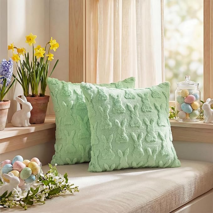 AVOIN colorlife Easter Rabbits Green Throw Pillow Covers, 18 x 18 Inch Bunny Soft Plush Faux Fur Jacquard Cushion Case Decoration for Sofa Couch Set of 2