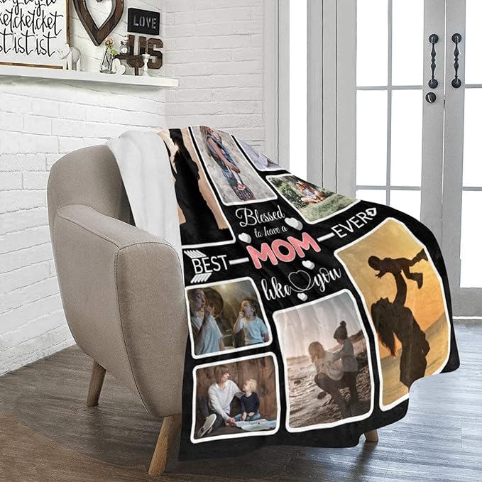 Custom Blanket Gifts for MOM, Customized Blankets with Photos, Make a Personalized Bed Throws to My Mom for Mothers Day, Custom Souvenir Throw Blanket for Best Mom Ever, 8 Collages Made In USA