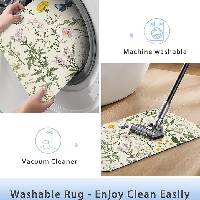 Vintage Floral Bath Mat 29.5"x17", Herbs Wild Flowers Slim Low-Profile Fast Drying Super Absorbent Bathroom Rug with Non-Slip Backing, Easy-Clean Modern Floor Mat for Tub, Shower, or Entryway