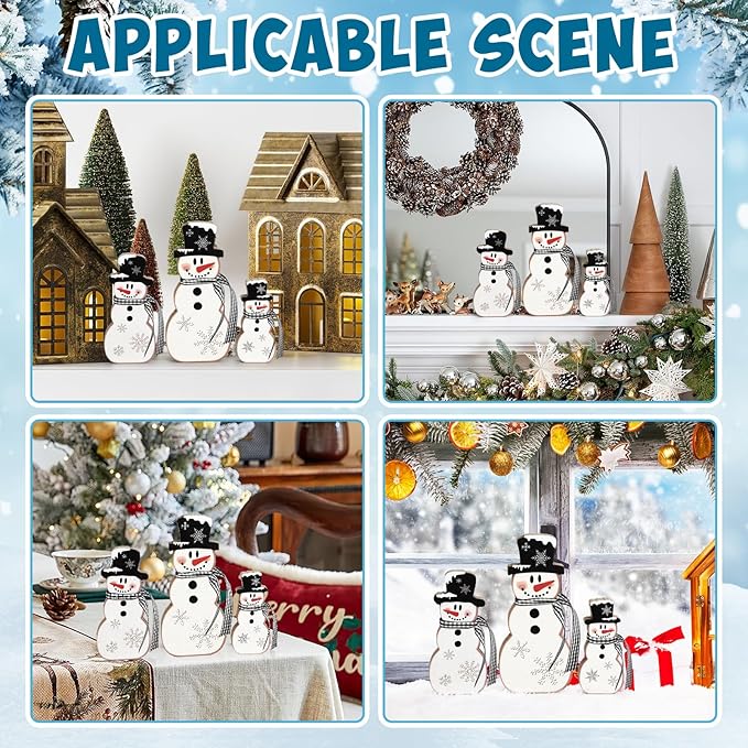 3 Pcs Christmas Snowman Table Decor Wooden Snowman Tables Centerpieces Block Winter Wood Tabletop Sign Rustic Merry Xmas Decorations Indoor for Tiered Tray Office Desk Shelf Home Mantel Holiday Party