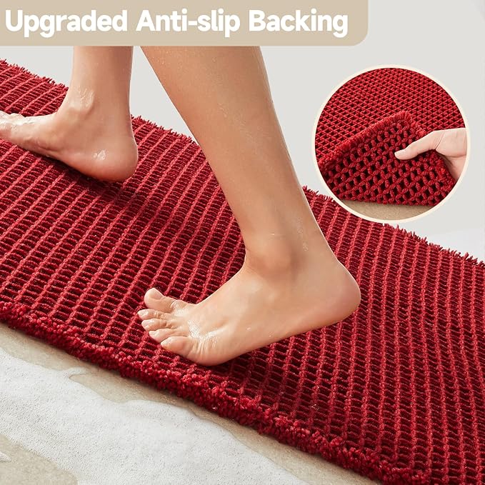 Waffle Bath Mat, Boho Bathroom Rugs Non Slip Washable Super Absorbent Quick Dry Bath Mat Farmhouse Bathroom Decor, 36"x24" Burgundy