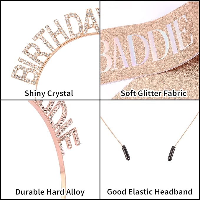 Aprince Birthday Baddie Sash and Tiara Crown for Women Girls Rose Gold Happy Birthday Headband Accessiores Party Decorations