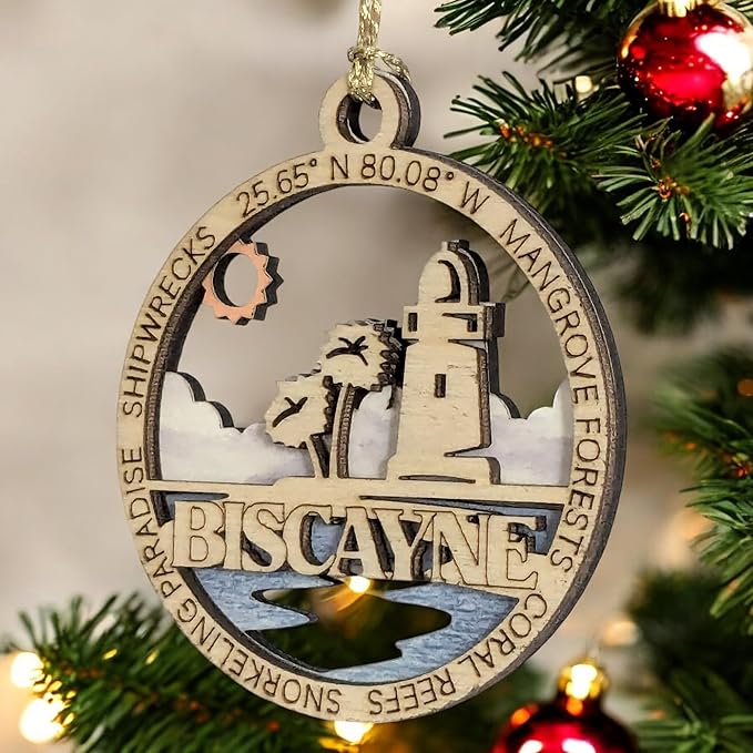 Biscayne National Park Souvenir Handcrafted 3" Lighthouse Ornament - Wood & Full Color Design - Oregon Small Business