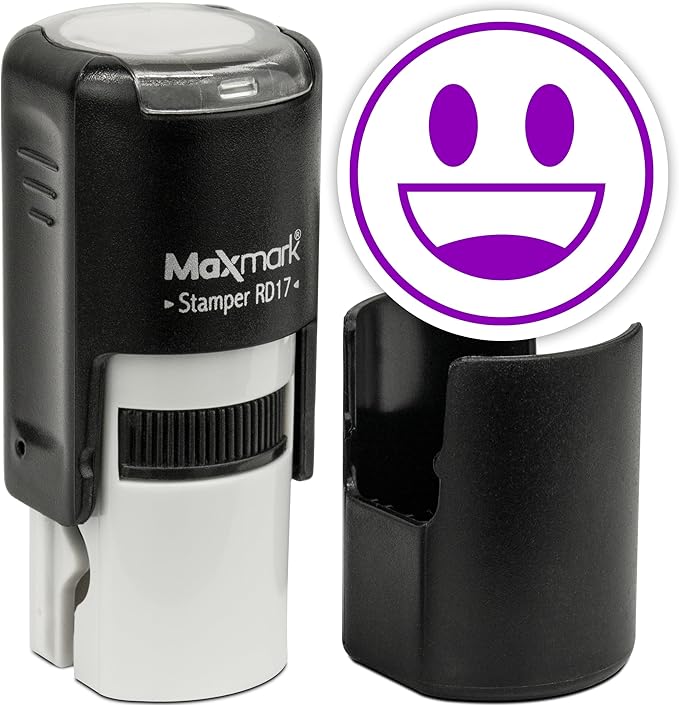 MaxMark Round Self Inking Emoji Stamp - Smiling - Purple Ink