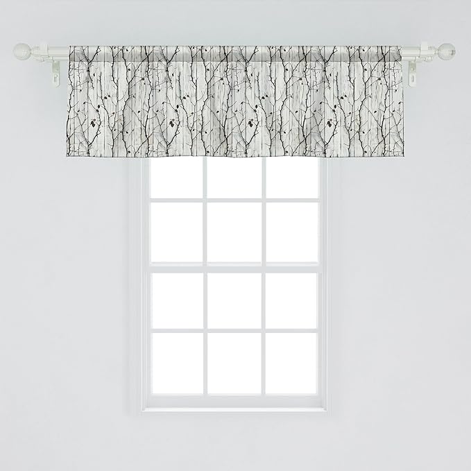 Ambesonne Farmhouse Window Valance Pack of 2, Autumnal Thin Tree Branches with Cocoa Tone Leaves on Rustic Back Print, Rod Pocket Curtain Valances for Kitchen Bedroom, 54" X 18", Off White Dark Brown