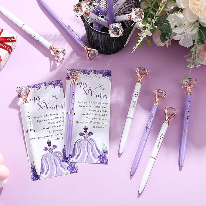 50 Set Quinceanera Party Favors for Guest Sweet 15 Diamond Pens Bulk Mis XV Años Fancy Ballpoint Pen with Thank You Cards and Ties 15th Birthday Thank You Gifts(Purple, White)