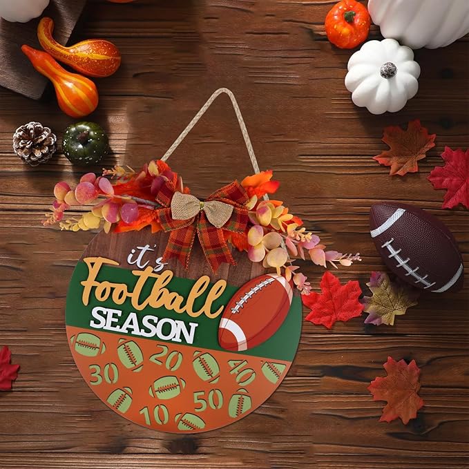 CHDITB Fall Football Sign for Front Door Porch, Rugby Football Season Round Wooden Sign, Fall Football Wreath Wooden Hanging Plaque, Farmhouse Maple Leaves Decor for Holiday Party Decoration