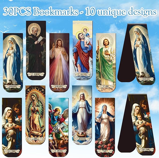 Catholic Magnetic Bookmarks Gifts - 30 Pcs Christian Religious Book Mark Magnets Catholic Saints Magnetic Bookmark Jesus Virgin Mary Book Markers Page Clip for Women Men Sunday School Gift