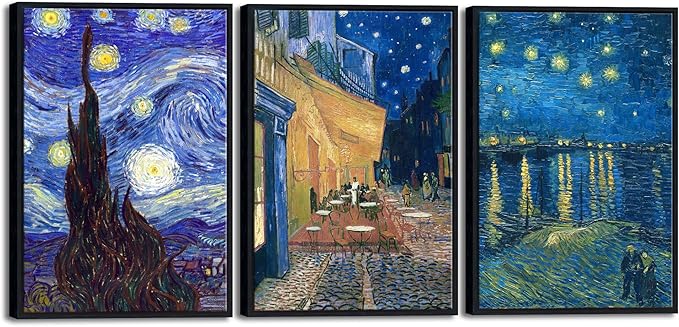 Wieco Art Black Framed 3 Panels Canvas Prints of Vincent Van Gogh Paintings Reproduction Starry Night Over the Rhone Cafe Terrace at Night Canvas Wall Art for Home Office Decor