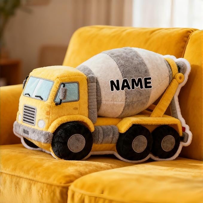 Personalized Concrete mixer truck Shaped Pillow, Custom Name Plush Stuffed Pillows, Suitable for Beds, Sofas, Bedrooms, Living Rooms Custom Decorative Cushion Gifts for Birthday and Anniversary