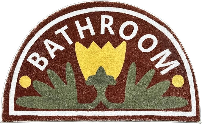 Washable Cute Bath Mat for Bathroom,31x20 Half Circle Non-Slip Small Bath Rugs,Absorbent Quick Dry Bath Mats, Plush Carpet for Bathtub, Boho Farmhouse Decor (Yellow Tulip)