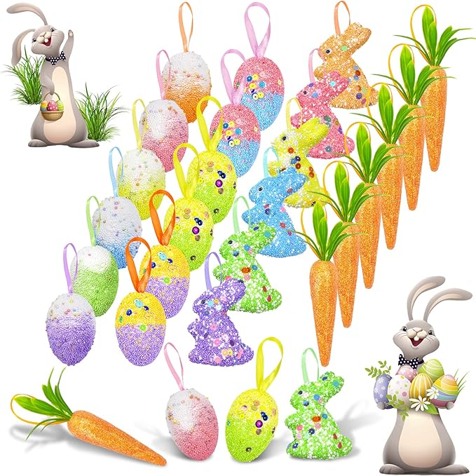 24 Pack Easter Egg Ornament Easter Colorful Rabbit Carrot Eggs Foam Easter Tree Decoration for Easter Spring Party
