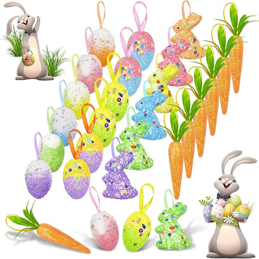 24 Pack Easter Egg Ornament Easter Colorful Rabbit Carrot Eggs Foam Easter Tree Decoration for Easter Spring Party