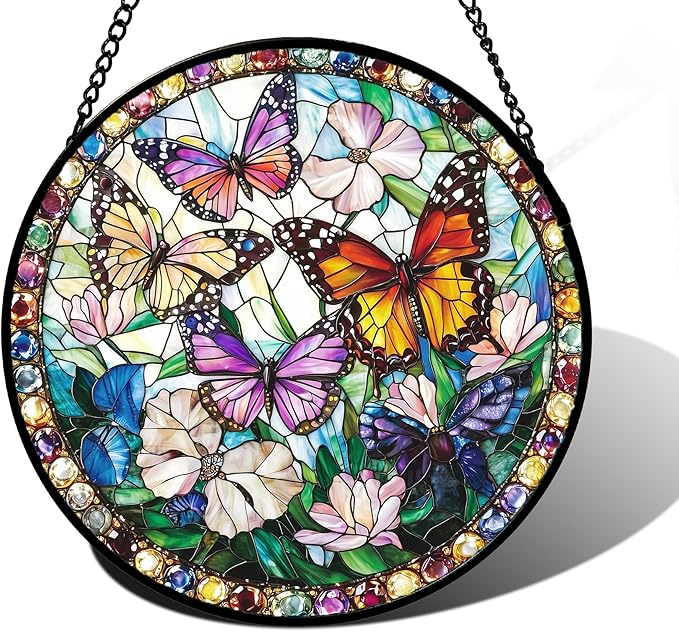 Stained Glass Window Hanging, Colorful Butterfly Suncatcher for Doors Home Sun Catchers Decoration and Christmas, Mother's Day Birthday Gifts for Women, Men, and Mom 9.8 in
