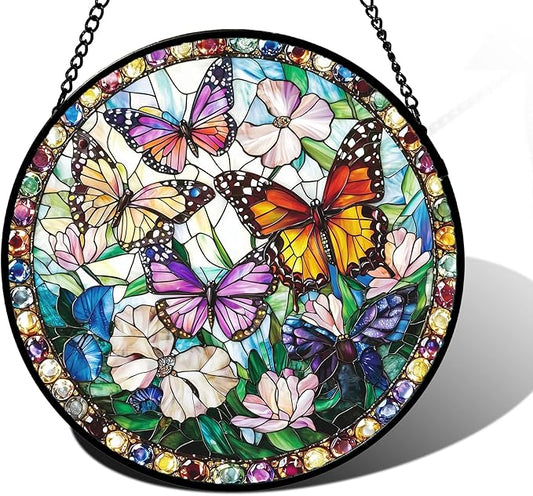 Stained Glass Window Hanging, Colorful Butterfly Suncatcher for Doors Home Sun Catchers Decoration and Christmas, Mother's Day Birthday Gifts for Women, Men, and Mom 9.8 in