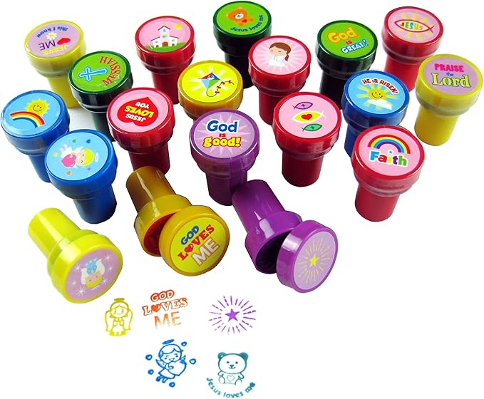 TINYMILLS 50 Pcs Religious Stampers for Kids – Assorted Christian Self Inking Stamps, Religious Prizes, Carnival Prizes, Vacation Bible School VBS, Sunday School & Church Event Giveaways