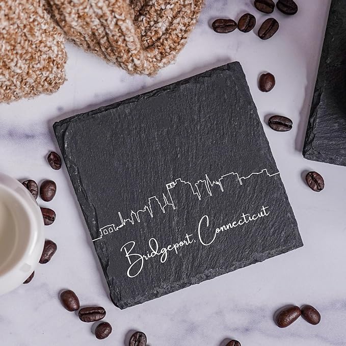 Blue Ridge Mountain Gifts - Bridgeport CT Skyline Coasters, Set of 4 - Bridgeport Connecticut Souvenir, Slate Coasters with Minimalist Skyline, Housewarming Gift for Friends, Family, & Neighbors