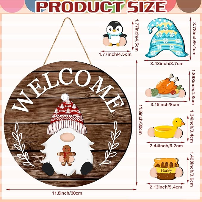Seasonal Gnome Wall Decor Set, 11.8 inch Autumn Wooden Round Sign with Interchangeable Holiday Hats, Halloween Welcome Door Hanging (Brown-3)