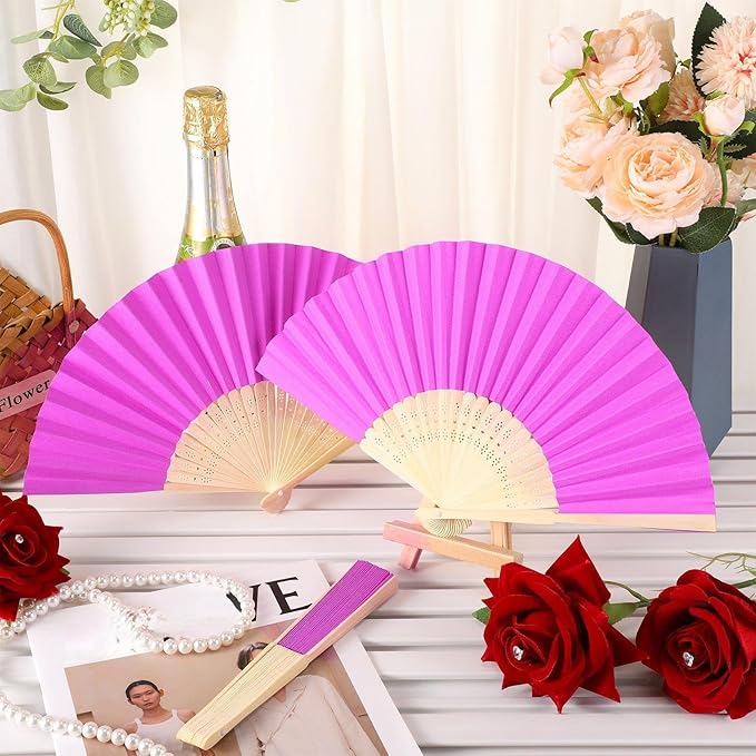 Yinkin 24 Pack Folding Fans Bamboo Handheld Folded Craft Hand Japanese Chinese Fans for Weddings Bridal Dancing Church DIY Decoration Women Gift Party Favors (Rose Red)
