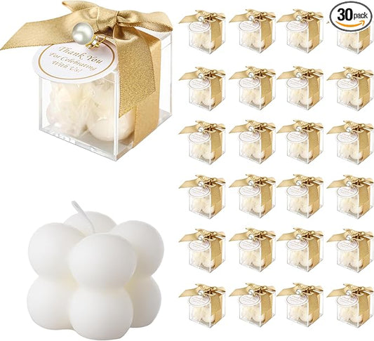 ACITHGL 30 Sets Fully Assembled Small Bubble Candle Party Favors for Guests Bulk Bridal Showers Favors Candles with Stylish Ribbons Thank You Cards Gifts (Gold)