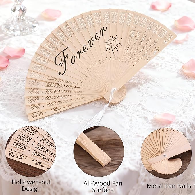 50 Pcs Wedding Fans Engraved Wooden Folding Hand Fans with Organza Bags, Wedding Party Favors for Guests, Bridal Shower & Summer Outdoor Ceremony (Style6,50)