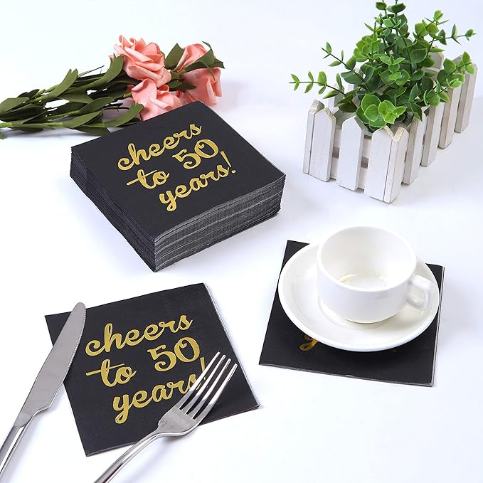 Elcoho 60 Pack Cocktail Napkins 50th Birthday Decorations Luncheon Napkins for Birthday, Anniversary Party Supplies, Cheers to 50 Years Design, 2 Layers, 5 by 5 Inches