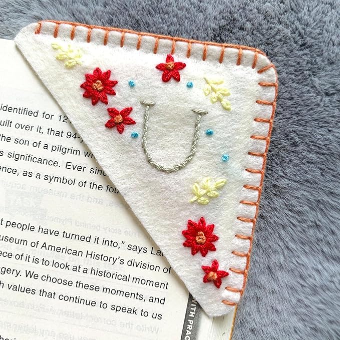 Personalized Hand Embroidered Corner Bookmark for Women, Cute Flower Book Mark, Hand Stitch Gift for Book Lovers (U, White)