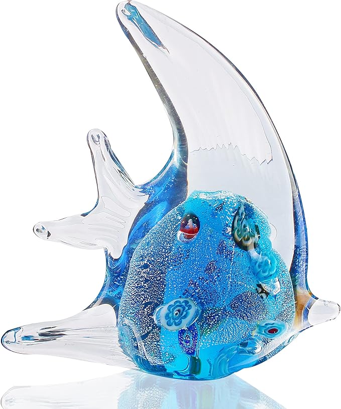 Hophen Angel Fish Art Glass Blown Handmade Sea Animal Figurine Sculpture Home Decor Collectible Statue Paper Weight Gift Ornament (Small Blue)