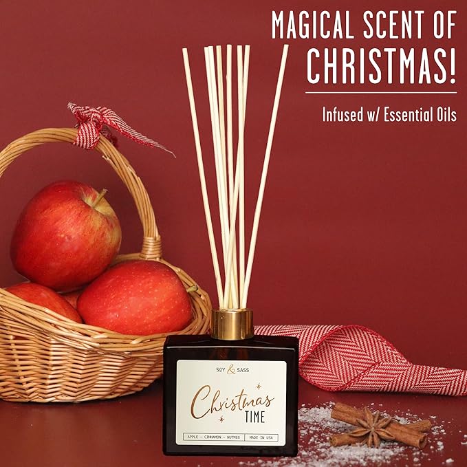 Christmas Diffuser, Christmas Reed Diffuser Decor - w/Apple, Cinnamon & Clove I Infused w/Essential Oils I 3.75 OZ Oil I Long-Lasting Scent Lasts 4-6 Month's I Made in The USA