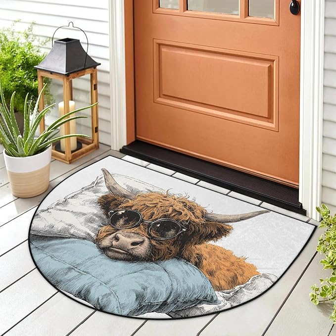 Half Round Door Mat Cool Cow Non Slip Bath Mats Absorbent Front Porch Rugs Shower Mat for Living Room Bedroom Kitchen Bathroom Floor Home Decor