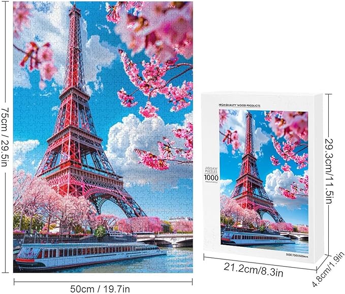 Wooden Puzzle - Eiffel Tower by The River Jigsaw Puzzles，Wooden Puzzles for Adults 1000 Pieces Unique Gifts for Wall Art，Challenge Puzzles，Educational Games，Family Puzzles