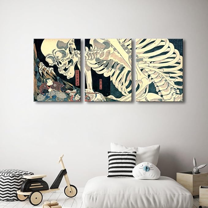 Wieco Art 3 Piece Witch and Skeleton Ukiyo-E by Utagawa Takiyasha Historic Cultural Illustrations for Living Room Bedroom Home Decorations Landscape Artwork