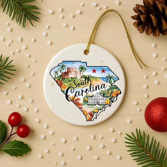 USA State Landmark Ceramic Ornament – Round Glossy Christmas Decoration Featuring U.S. State Art, Landmarks & Holiday Scenery – Collectible Travel Souvenir Ornament Series (South Carolina)