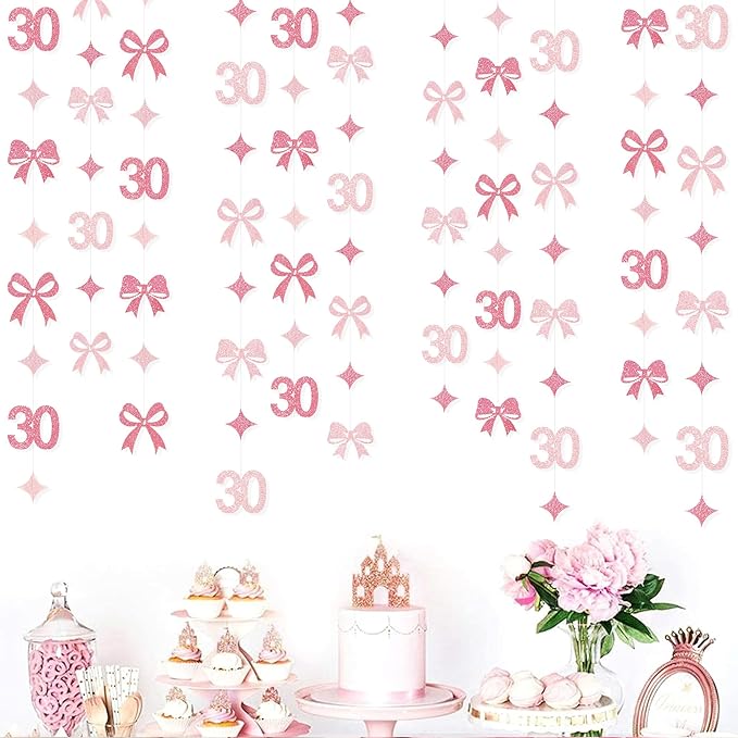 Glitter Pink 30th Bow Birthday Decorations Hot Pink Conquette Bow Garland Streamer Banner Backdrop for Womens Happy 30th Birthday Dirty Thirty Cheers to 30 Years Old Anniversary Party Supplies