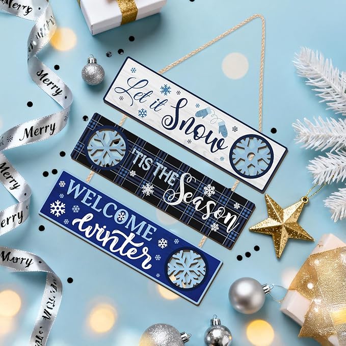 CHDITB Let It Snow Wooden Sign, Welcome Winter Front Door Sign, Snowy Snowflake Wood Hanging Plaque, Christmas Sign, Xmas Seasonal Wall Decor for Outdoor Porch Yard Home Decor