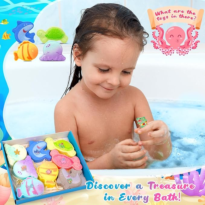 Sea Animal Bath Bombs for Kids with Surprise Inside, 8PCS Organic Essential Oil Shark Octopus Turtle Fish Bubble Bath Bombs for Kids，Birthday Gift for 3-8 Boys,Girls Ocean Party