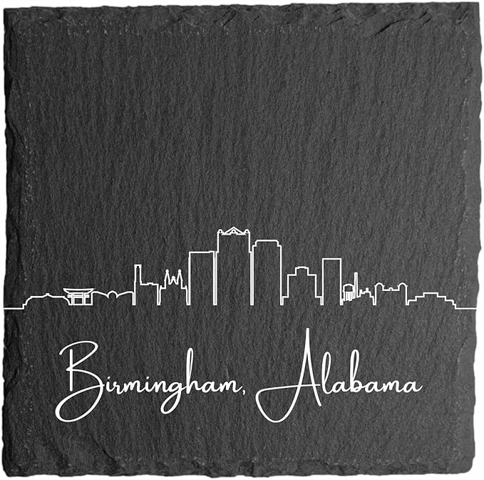 Blue Ridge Mountain Gifts - Birmingham AL Skyline Coasters, Set of 4 - Birmingham Alabama Souvenir, Slate Coasters with Minimalist Skyline, Housewarming Gift for Friends, Family, & Neighbors