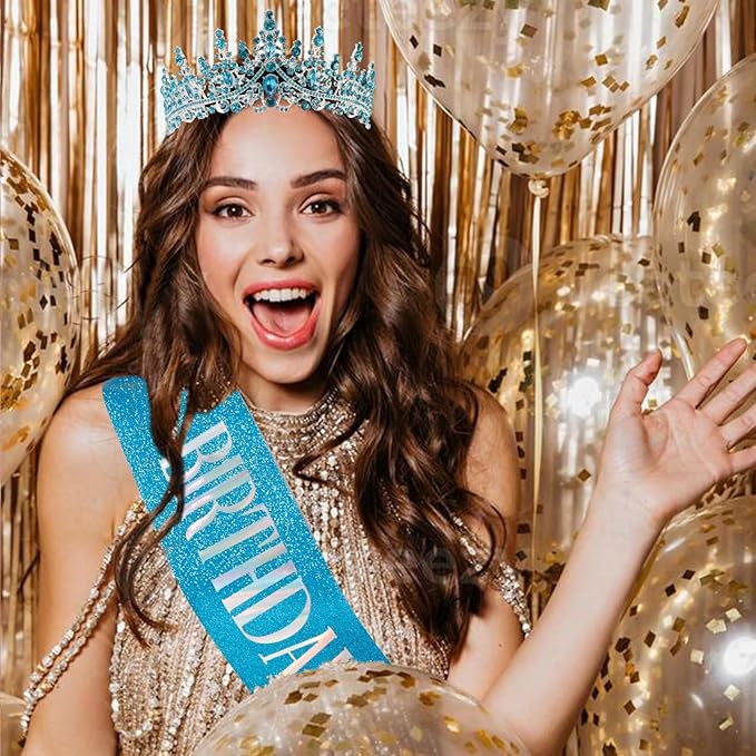 COCIDE Blue Birthday Sash and Crown for Women - Crystal Tiaras Decorations for Girl,Glitter Rhinestone Gifts Headband Sashes Decor,Coronas for Queen,Happy Birthday Accessories Party Favors