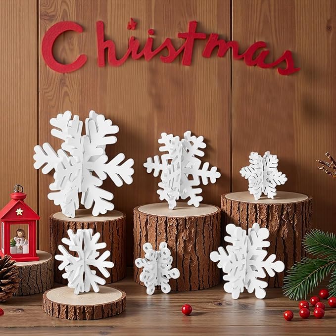 16 Pcs Wooden Snowflake Decorations, 3D White Snowflake Christmas Table Decor, Winter Christmas Table Decorations Indoor, Winter Wonderland Decor for Home Party