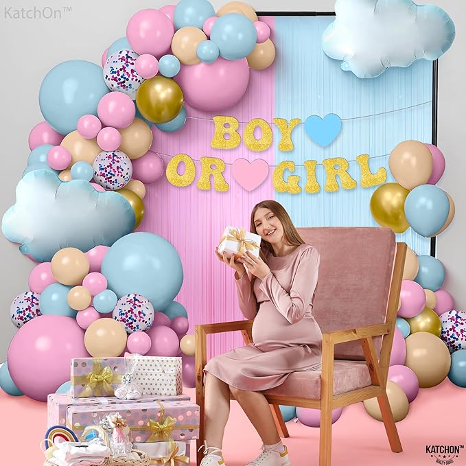 KatchOn, Gender Reveal Decorations Set - Huge, Pack of 85 | Gender Reveal Balloon Arch Kit | Pink and Blue Streamers | Boy or Girl Baby Shower Decorations | Boy Or Girl Banner, White Cloud Balloons
